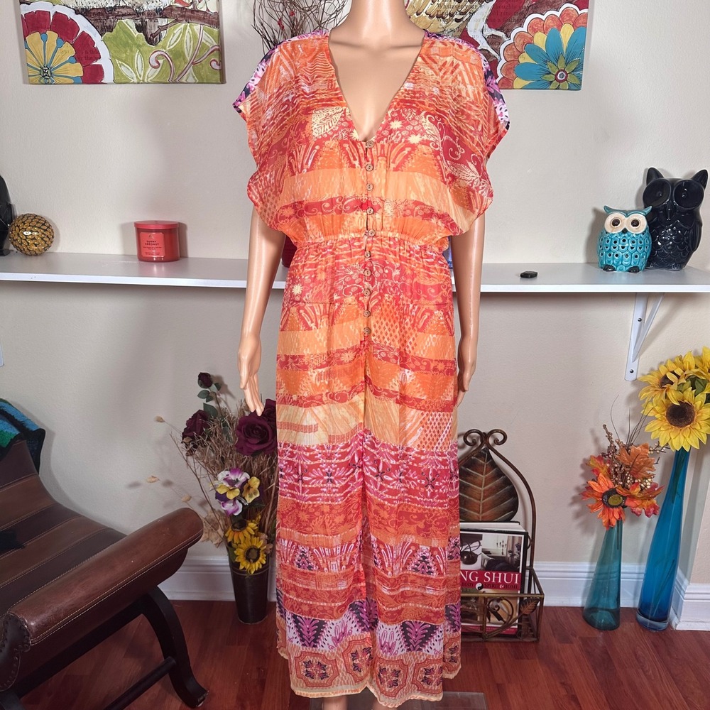 Kendall & Kylie Rust Orange Boho V-Neck Side Slit Maxi Swim Coverup Size S